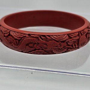 Intricate Carved Dragon Design Vintage Chinese Cinnabar Bangle